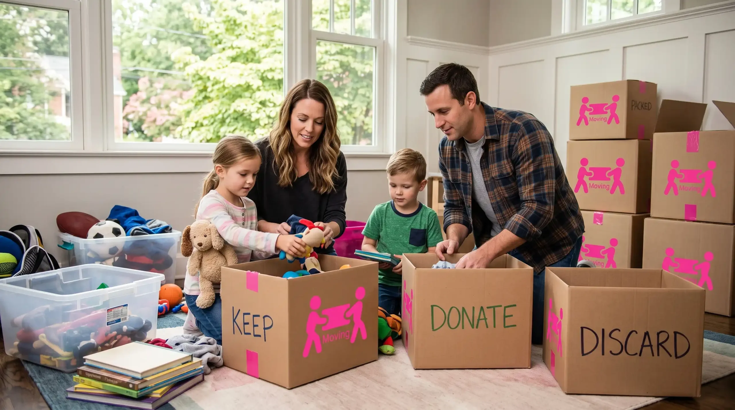A family with two young kids sitting in a playroom, sorting toys, books, and household goods into cardboard boxes labeled "Keep," "Donate," and "Discard" featuring the hot pink Restorify Moving logo in Arlington, VA.