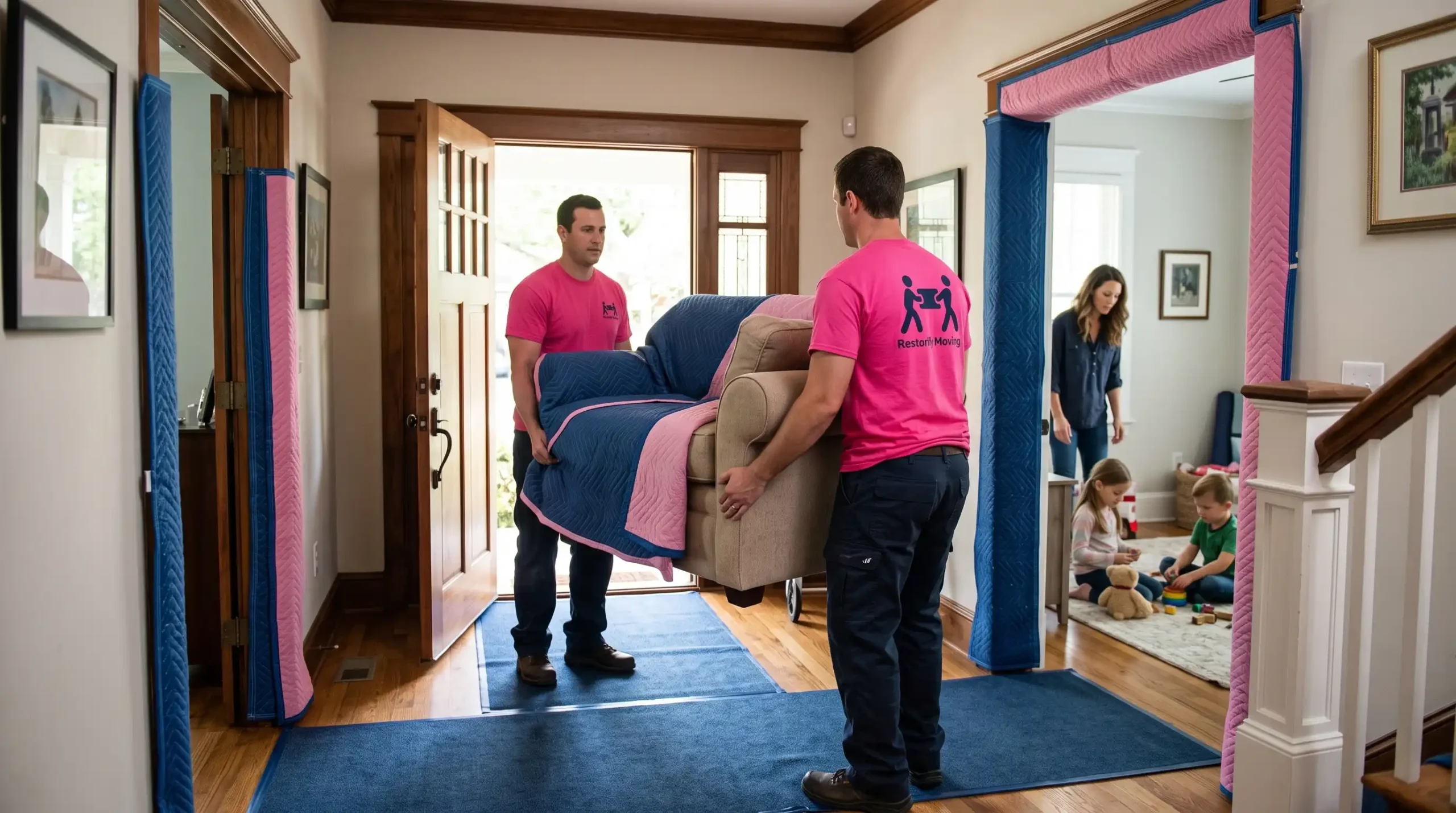 Two Restorify Moving workers in hot pink t-shirts carrying a padded sofa through a doorway lined with pink and blue door jamb protectors and floor mats, as a mother and children watch from an adjacent room.