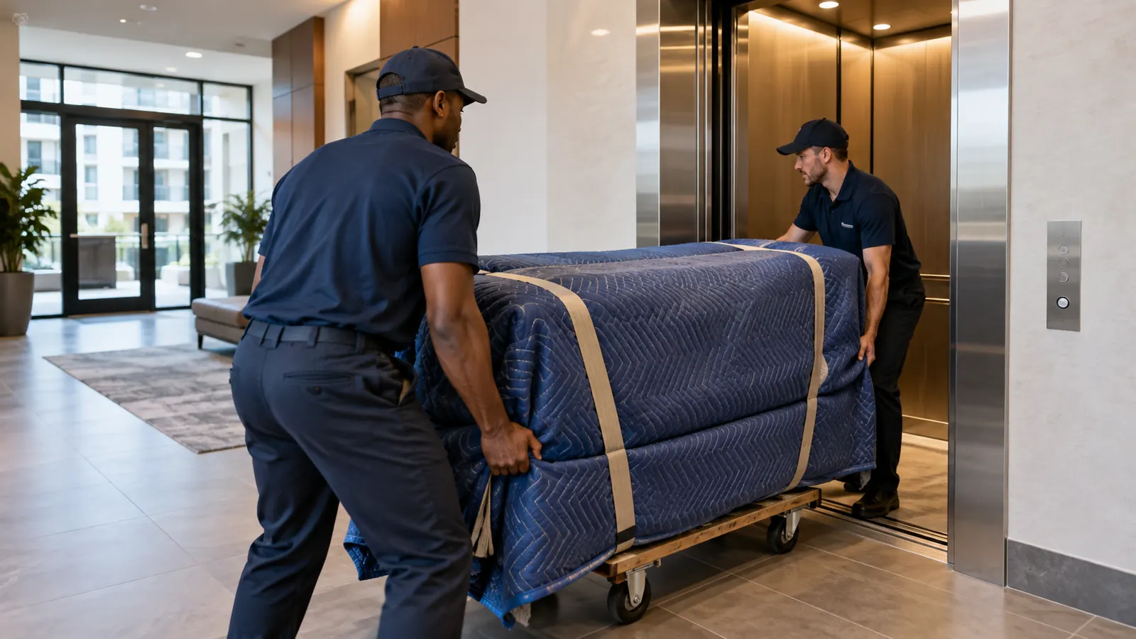 Two professional movers guiding blanket-wrapped furniture into an apartment building elevator.