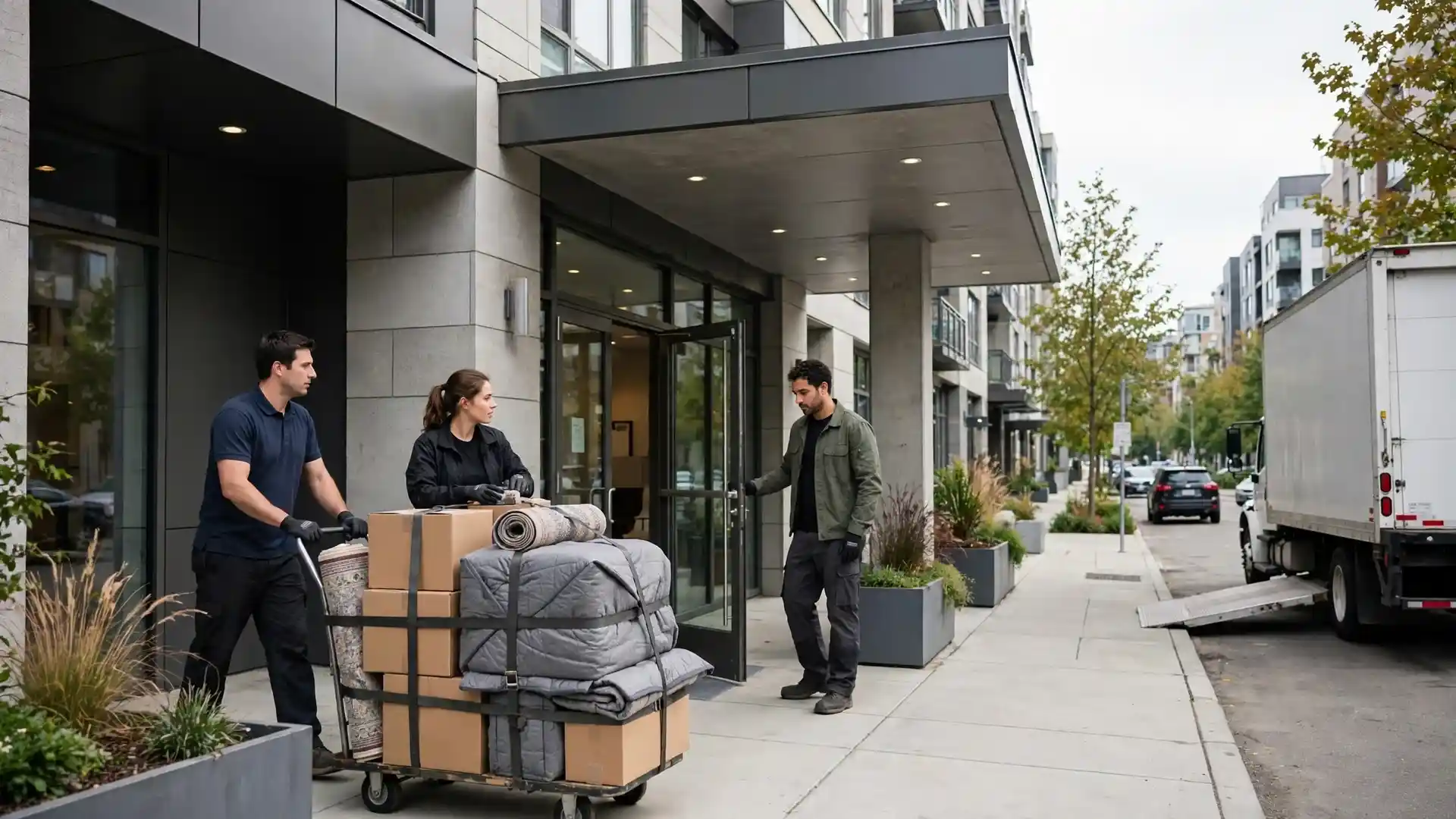 Movers with a loaded dolly at the entrance of a mid-rise apartment building with a truck at the curb