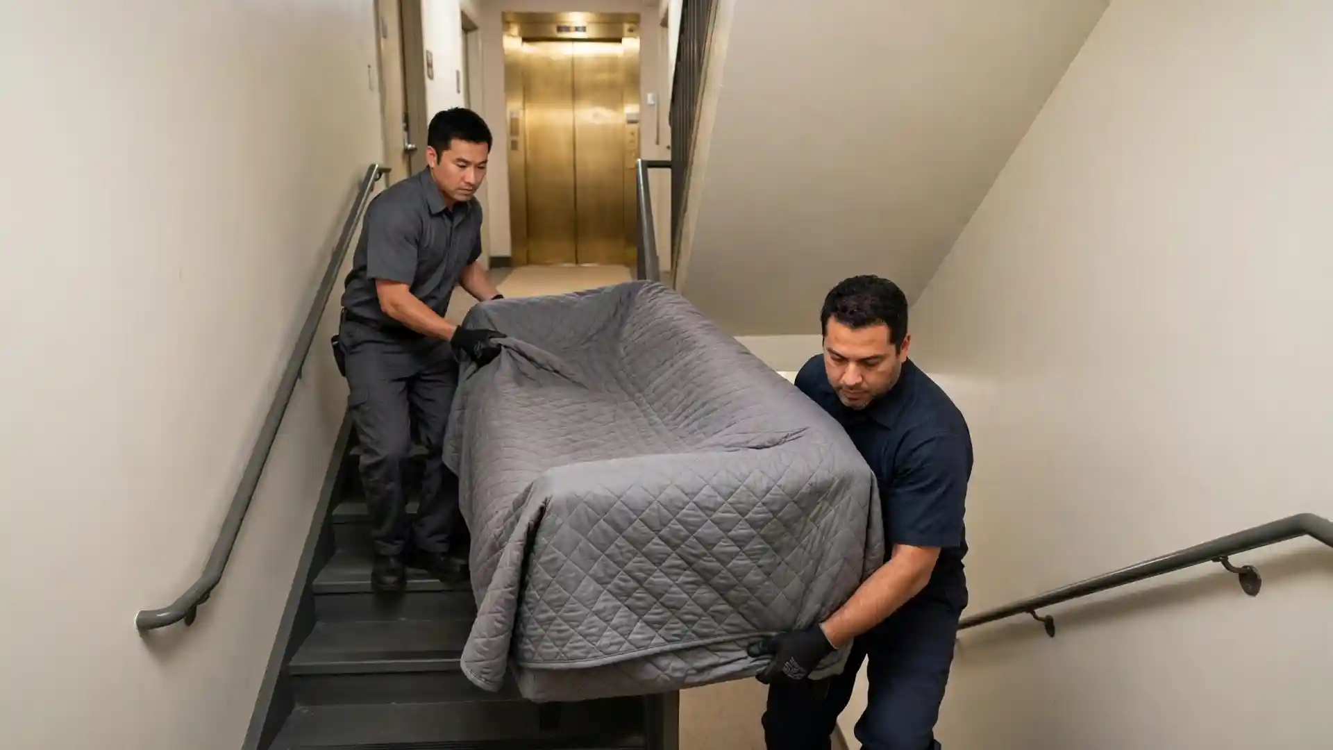 Two movers carry a wrapped sofa down an apartment building staircase with the elevator visible behind them.