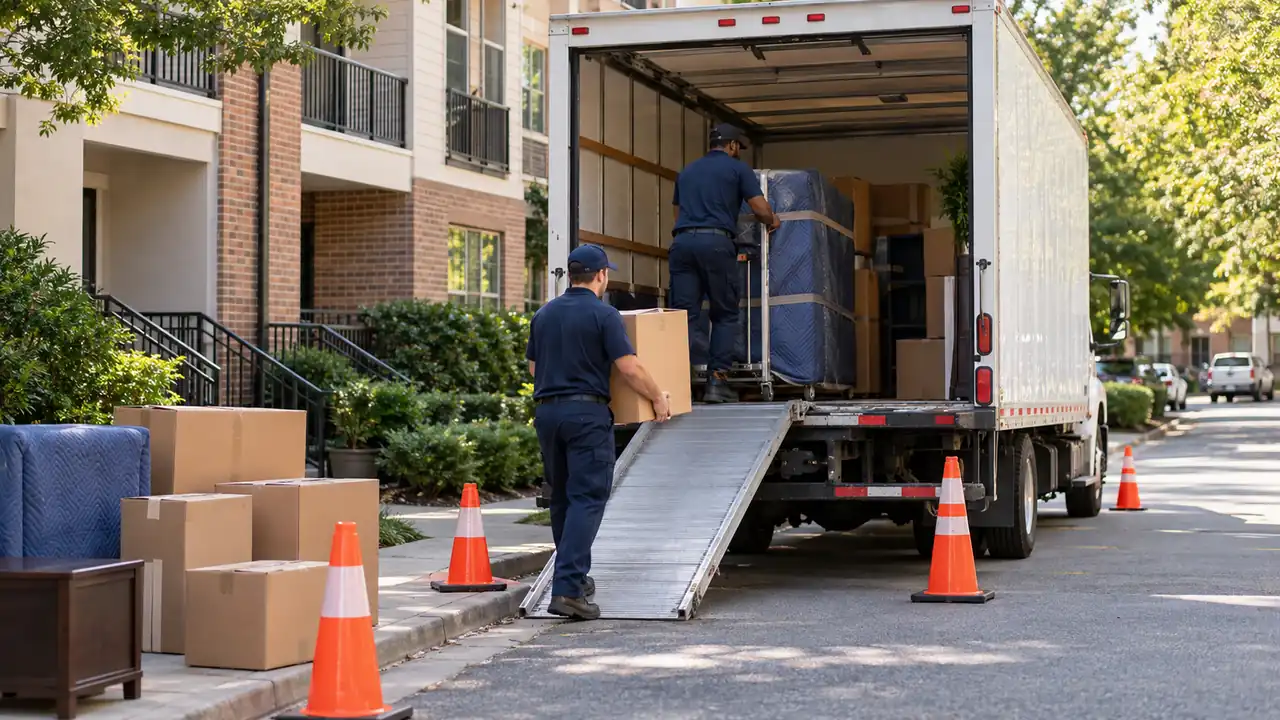 Movers loading furniture and cardboard boxes into a truck parked beside a residential building.