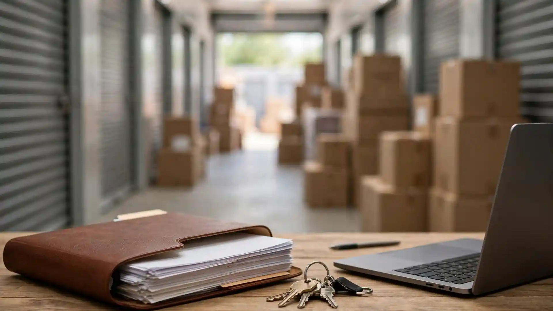 A folder of moving documents and house keys with a storage unit corridor in the background.