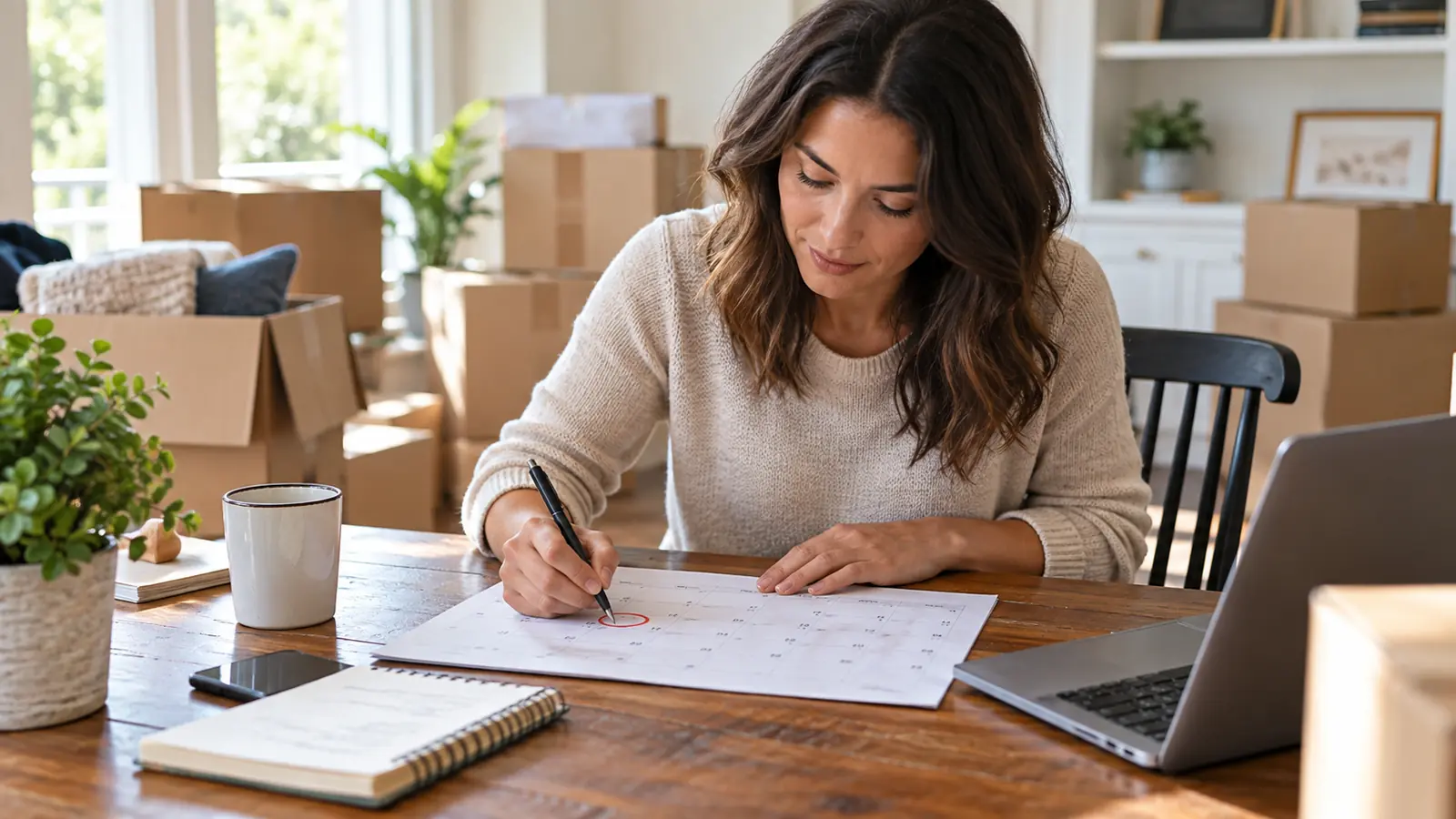 Woman marking a moving date on a calendar inside a home filled with packing boxes.