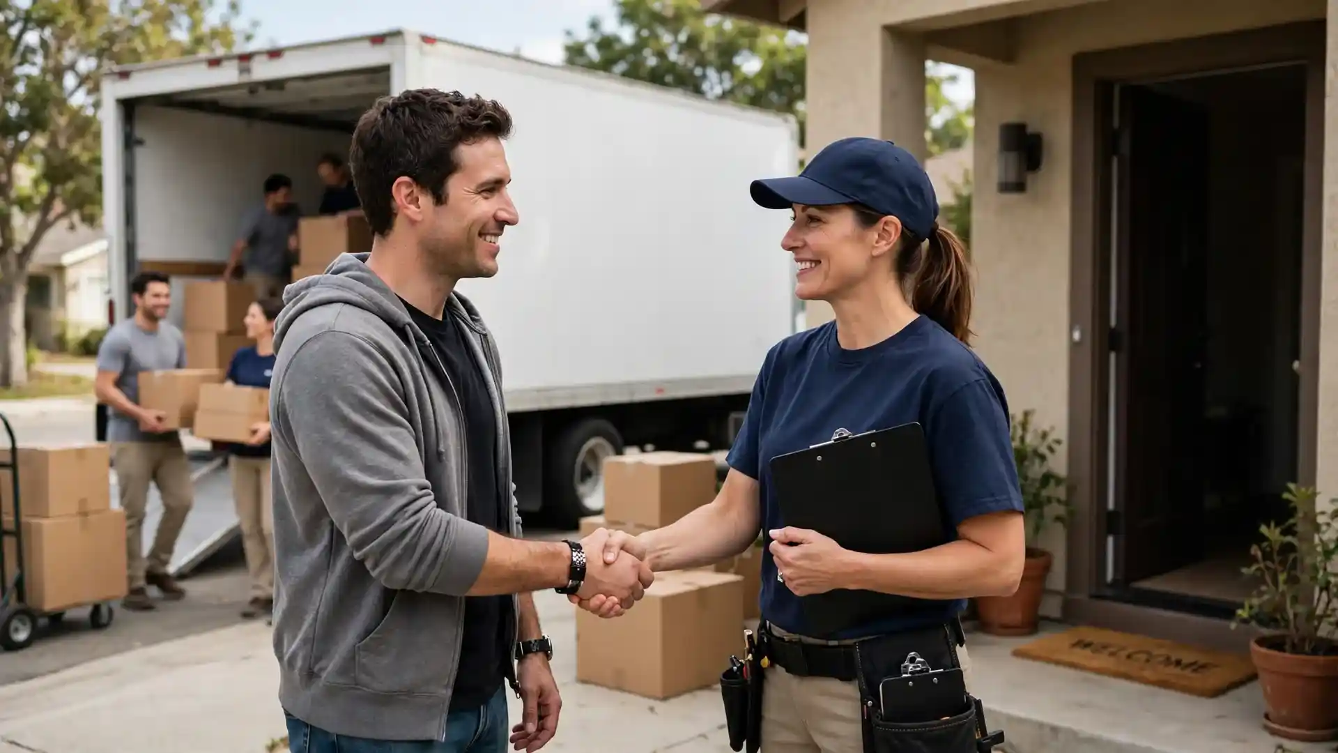 A homeowner shakes hands with a moving crew leader on a house doorstep