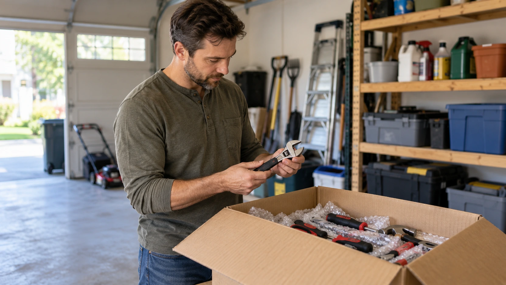 Man inspecting a wrench beside a carton of cushioned tools in an organized garage.