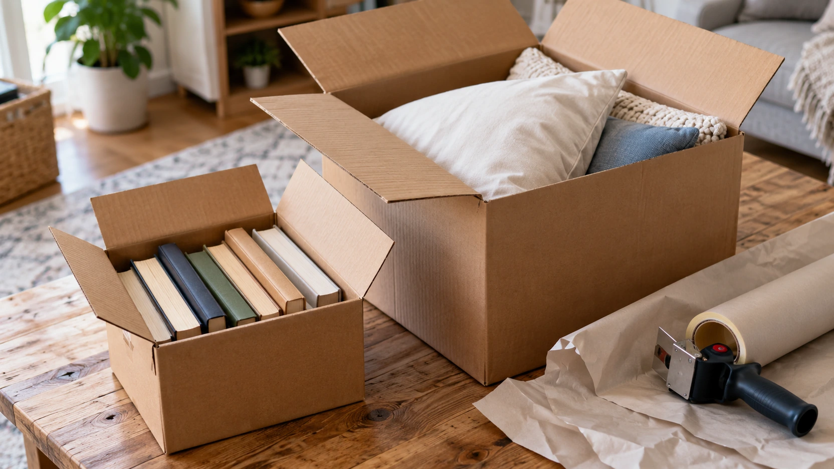 Small moving box holding books beside a larger box containing pillows and lightweight textiles