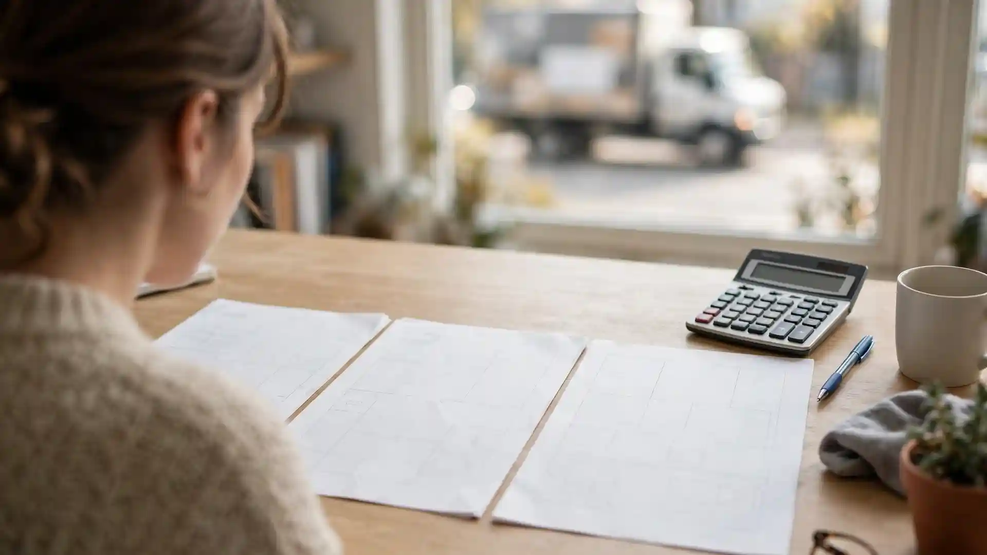 A person comparing printed moving estimates side by side at a home desk.