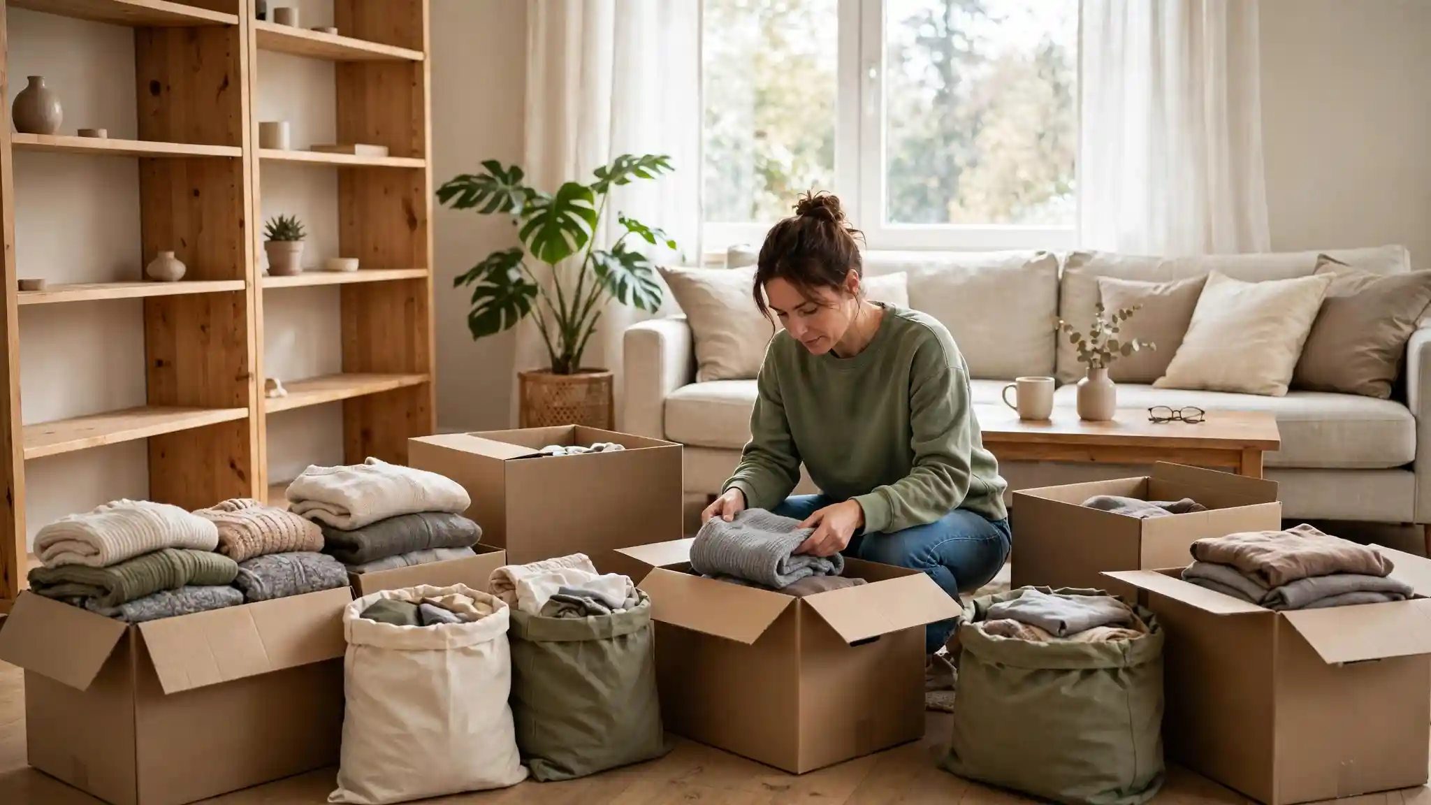 Sorting belongings into donation bags and moving boxes in a living room.