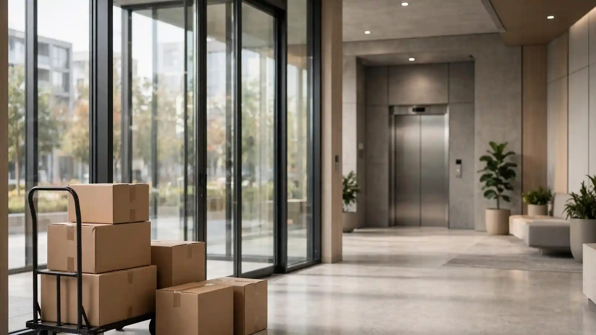 Moving dolly and packed boxes waiting by the lobby entrance of an apartment building.