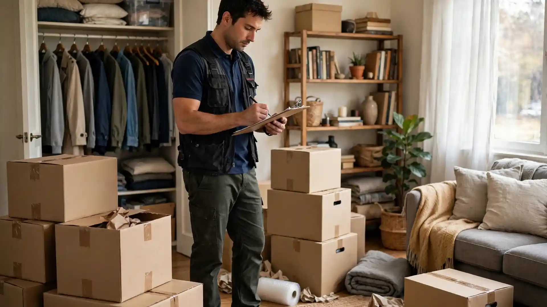 A mover completes a room-by-room inventory walkthrough in a furnished living room with packed boxes and full closets.