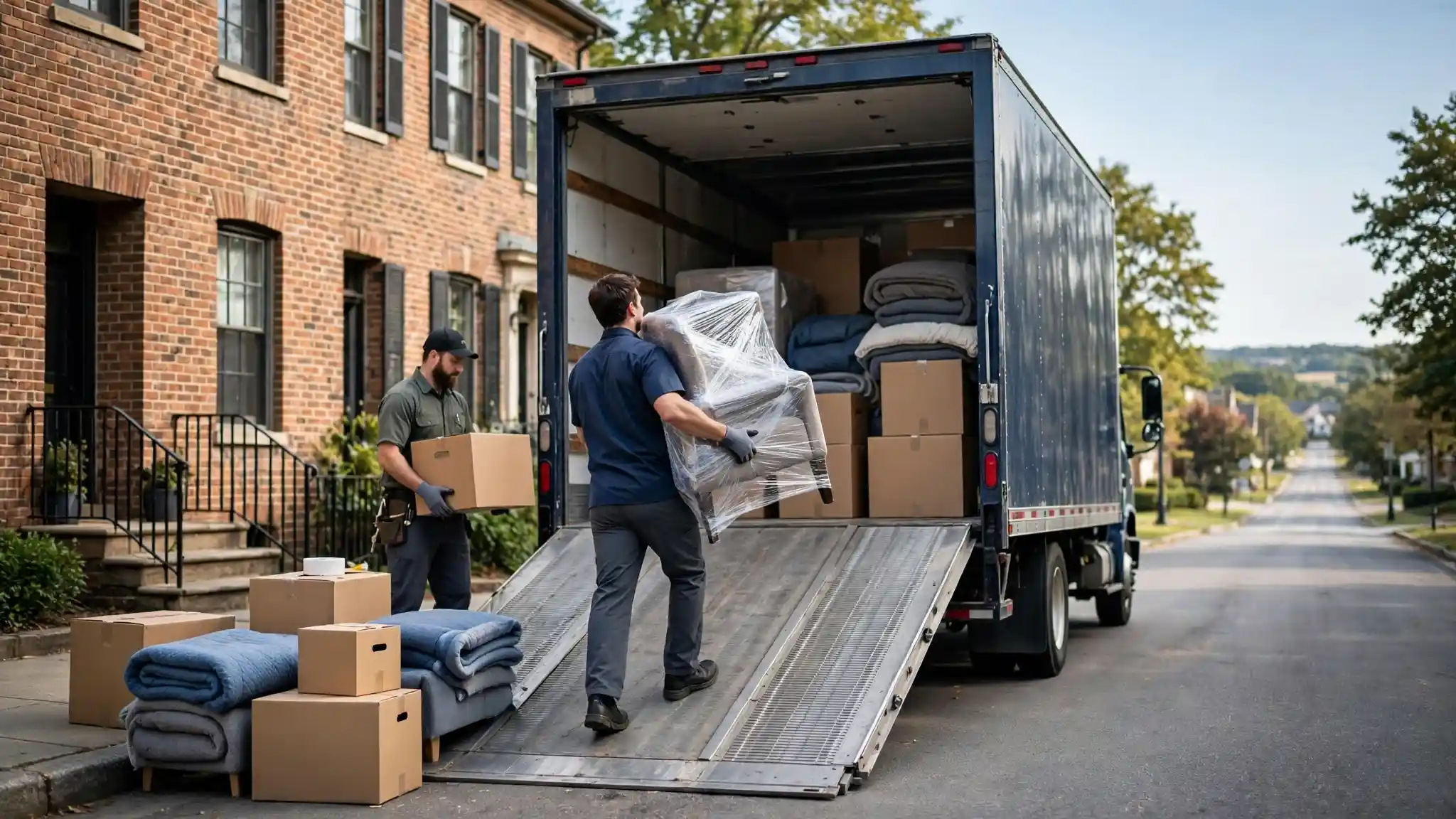 Two movers load a moving truck at the curb of a townhouse with an open road stretching beyond.