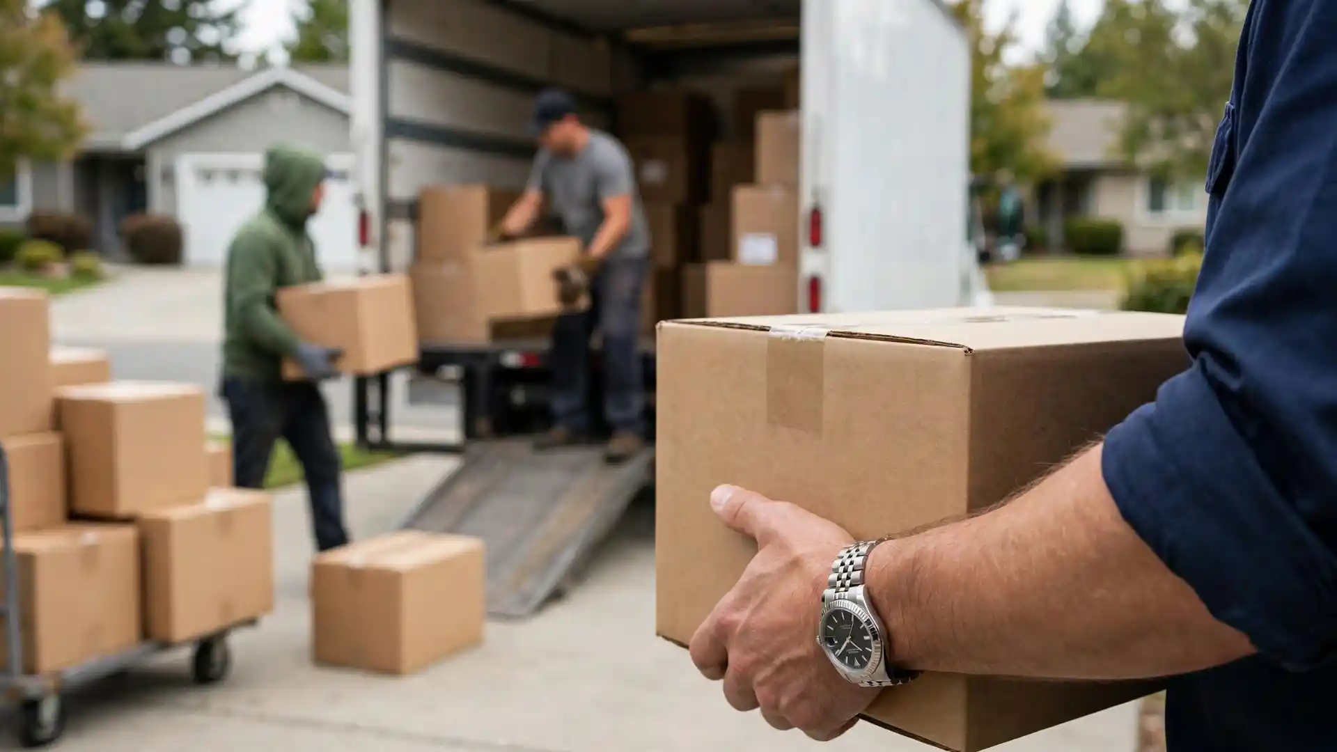 Movers load boxes into a truck in a driveway with a wristwatch visible in the foreground