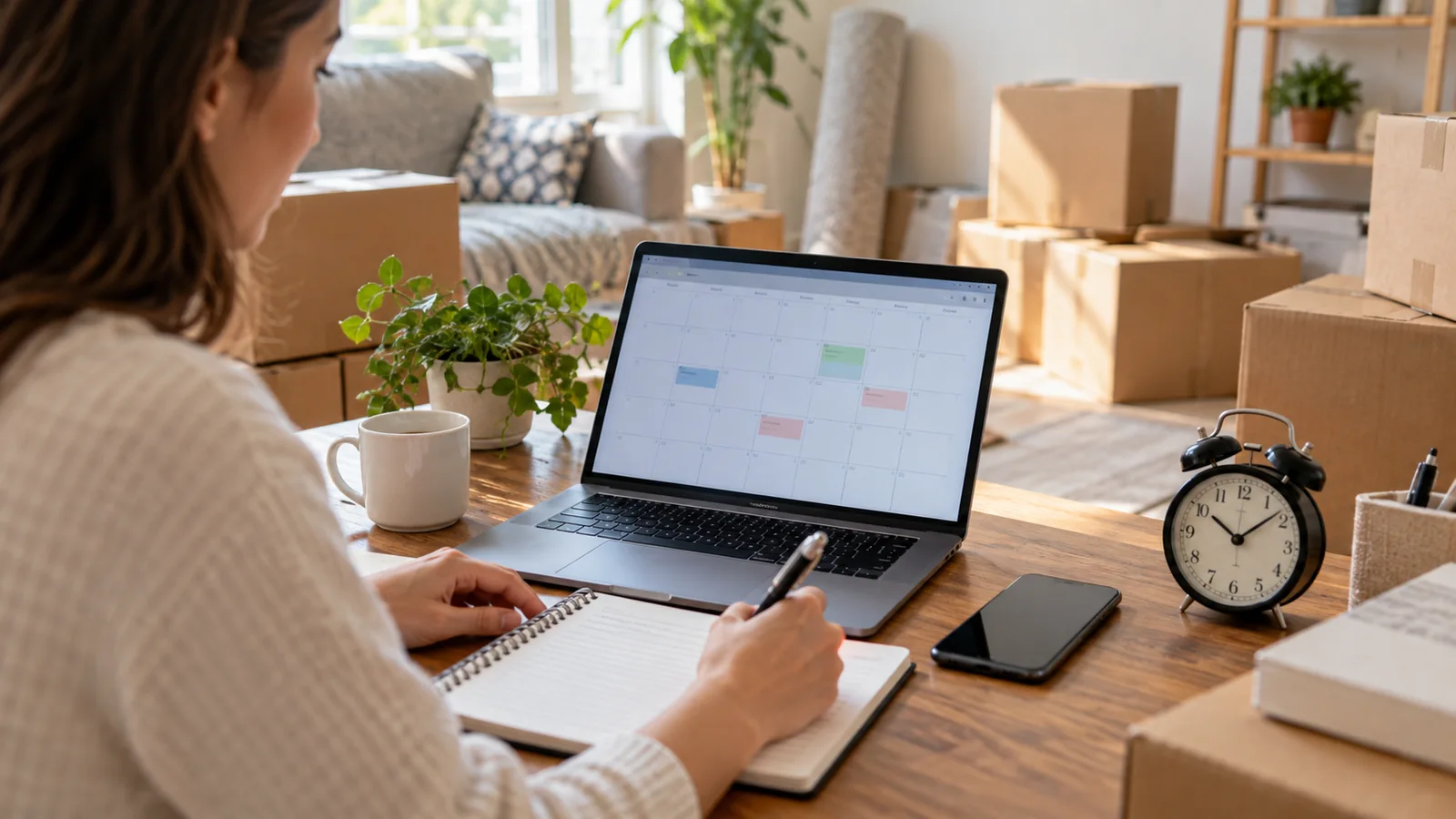 Woman reviewing a digital calendar and writing notes beside packed moving boxes.