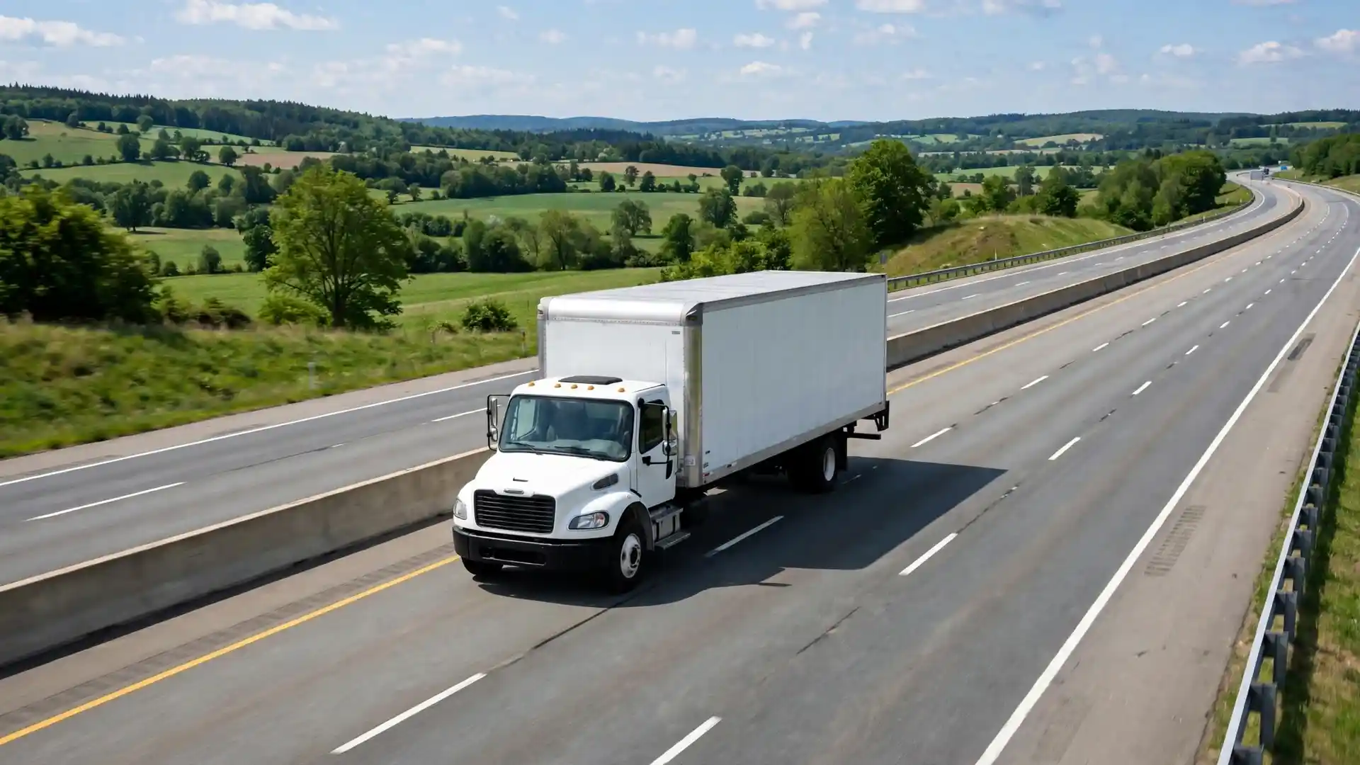 A long-distance moving truck travels on an interstate highway through green countryside