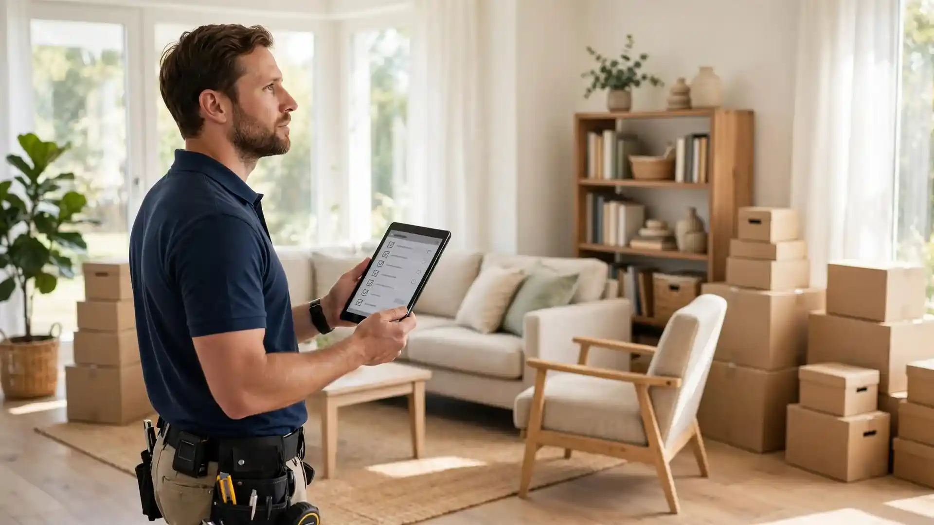 A mover with a tablet surveys a living room with a sofa, armchair, bookshelf and stacked boxes