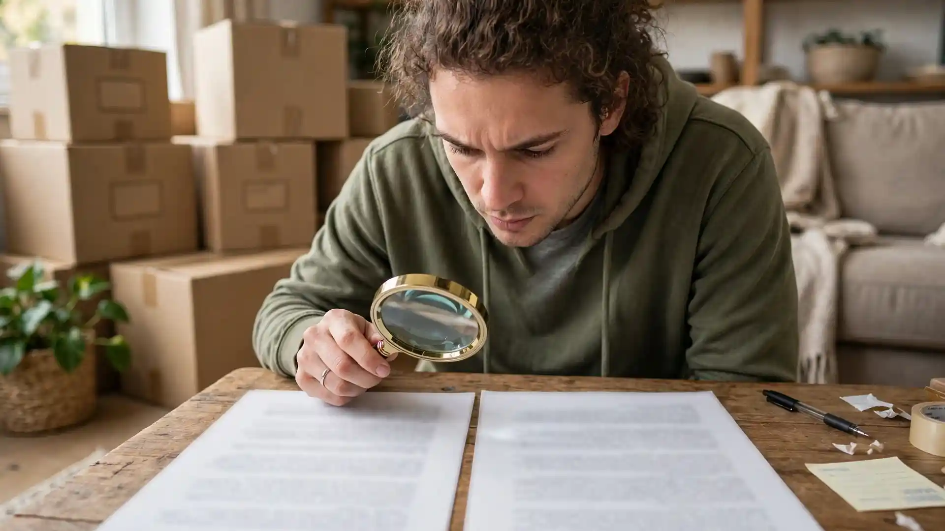 A person holds a magnifying glass over two printed moving quotes on a table