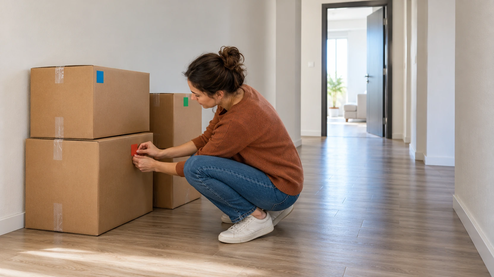 Woman applying a colored label to moving boxes beside a clear apartment hallway.
