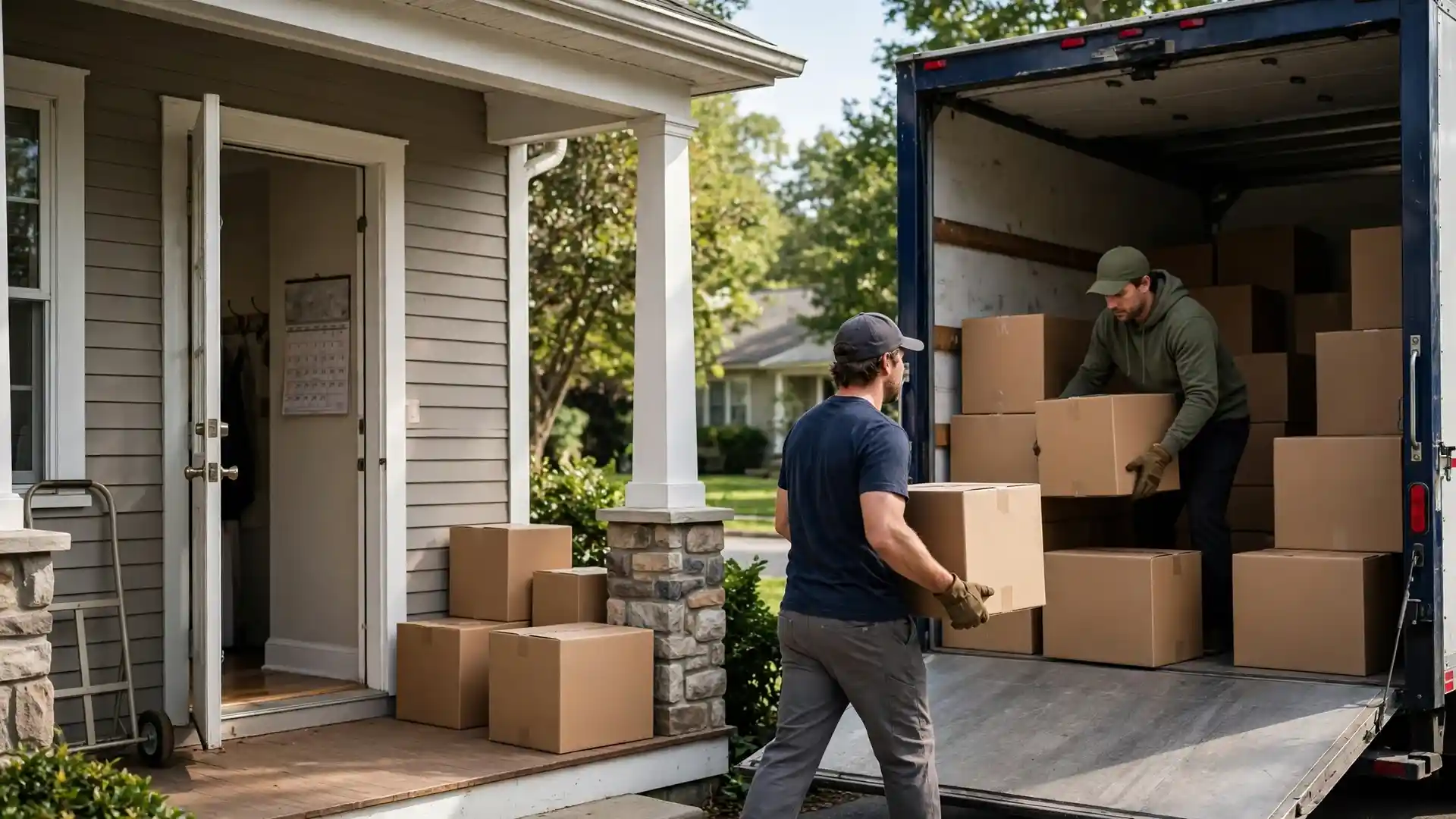 Movers load boxes from a house porch into a truck on a scheduled moving day