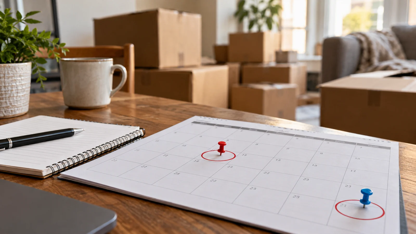 Desk calendar showing several circled dates in a room with moving boxes.