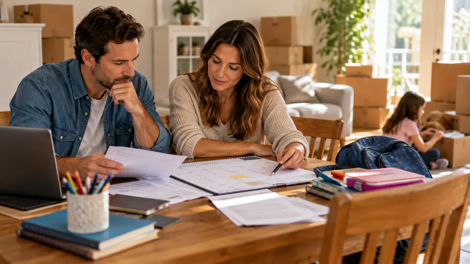 Parents reviewing a calendar at home with school supplies and moving boxes nearby.