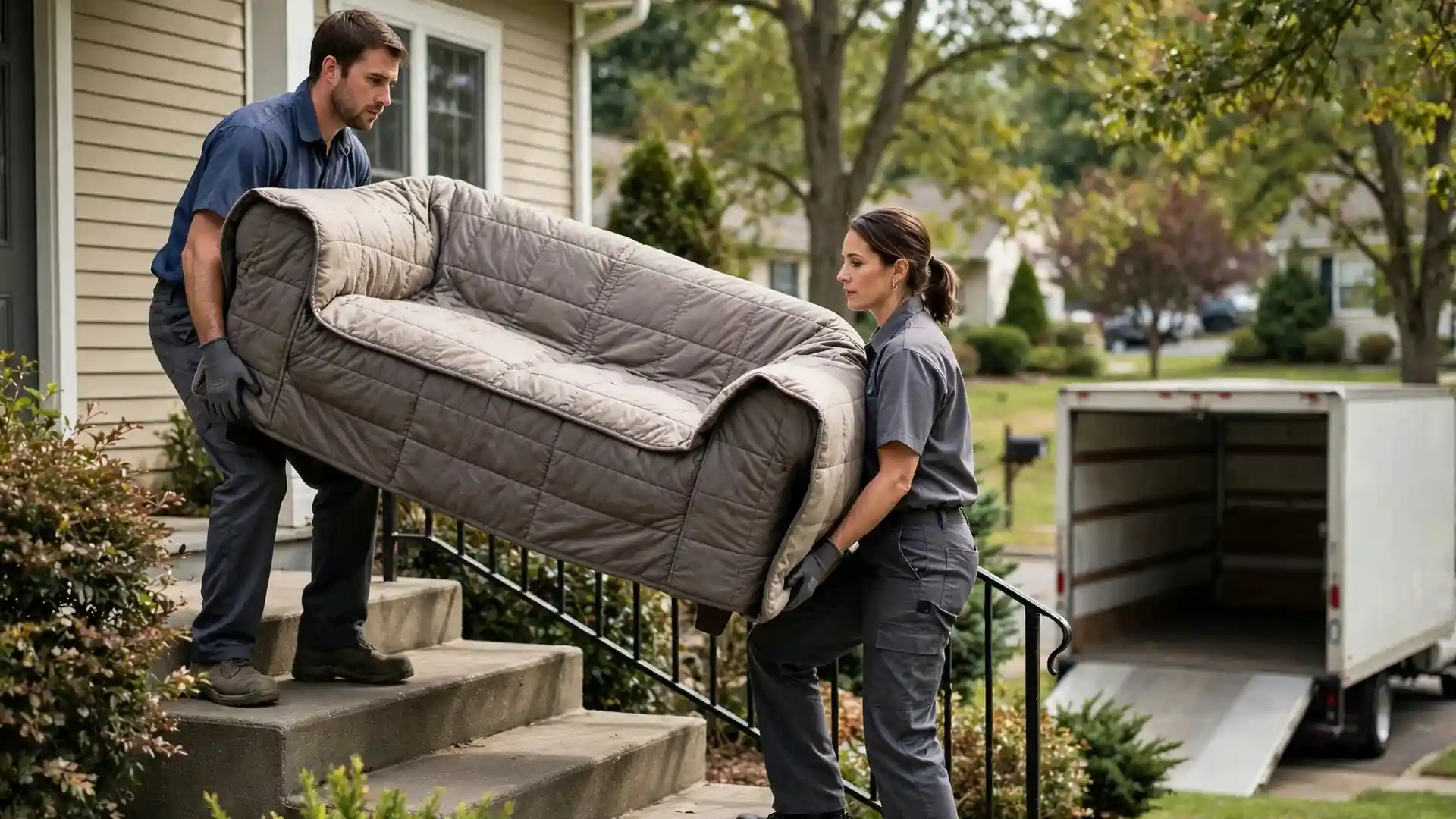 Movers carrying a blanket-wrapped sofa toward an open moving truck.