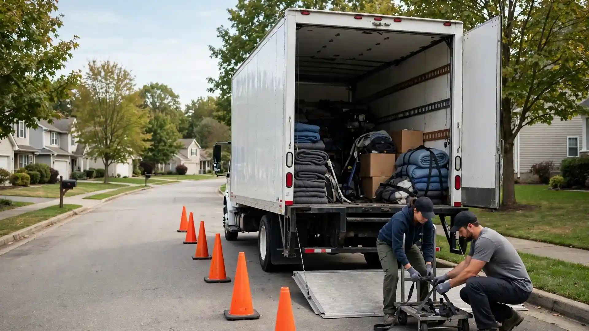A moving truck parked at the curb with traffic cones reserving space on a suburban street.