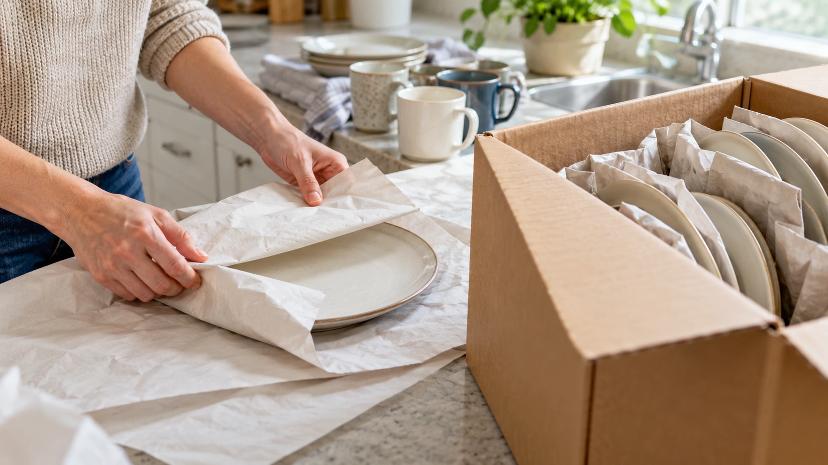 Hands wrapping a ceramic plate beside a carton of upright dishes, with mugs on the kitchen counter.
