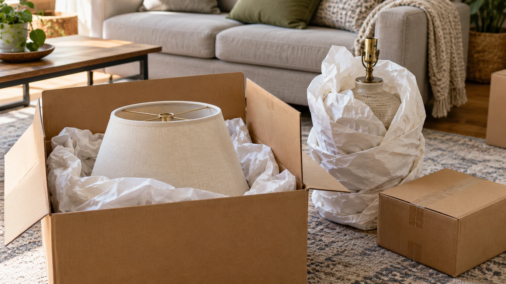 Lampshade cushioned in an open carton beside a separately wrapped lamp base in a living room.