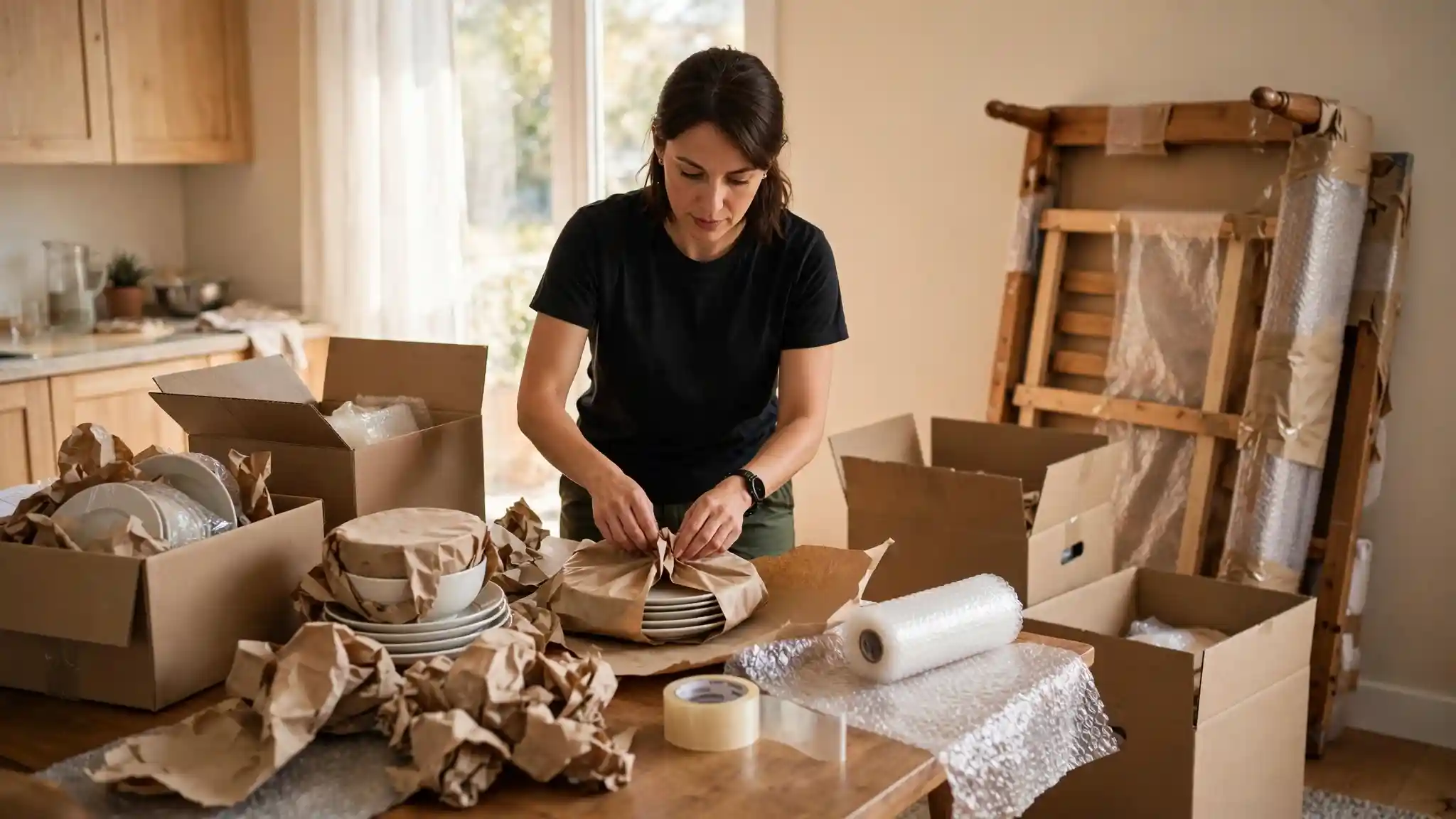 A mover wraps kitchen dishes in packing paper beside open boxes, tape, and a partially disassembled bed frame.