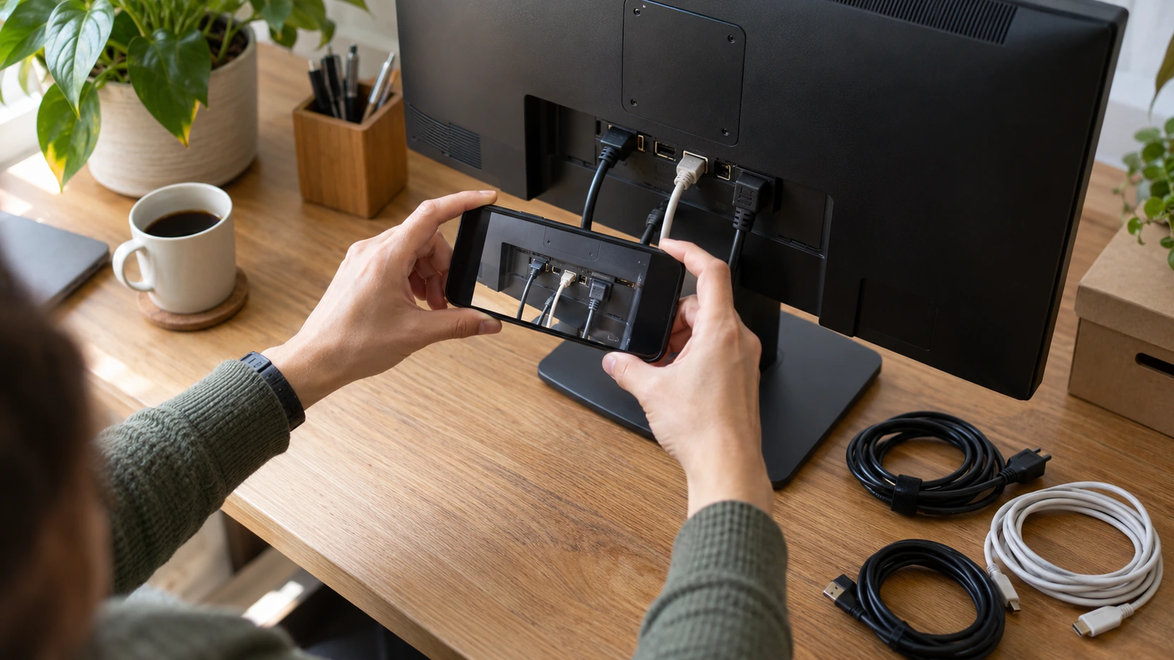 Person photographing cable connections behind a monitor, with coiled cables on the desk.