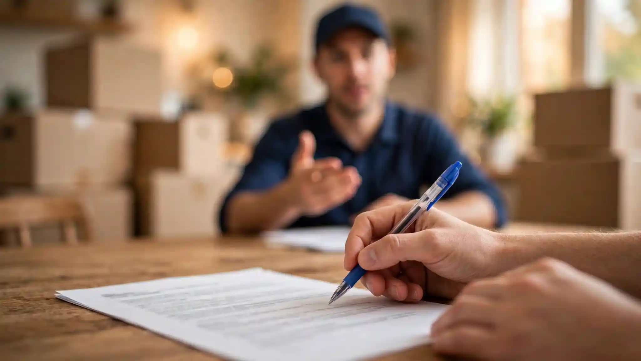A homeowner reviews a moving estimate document with a pen while a mover explains the terms across the table.