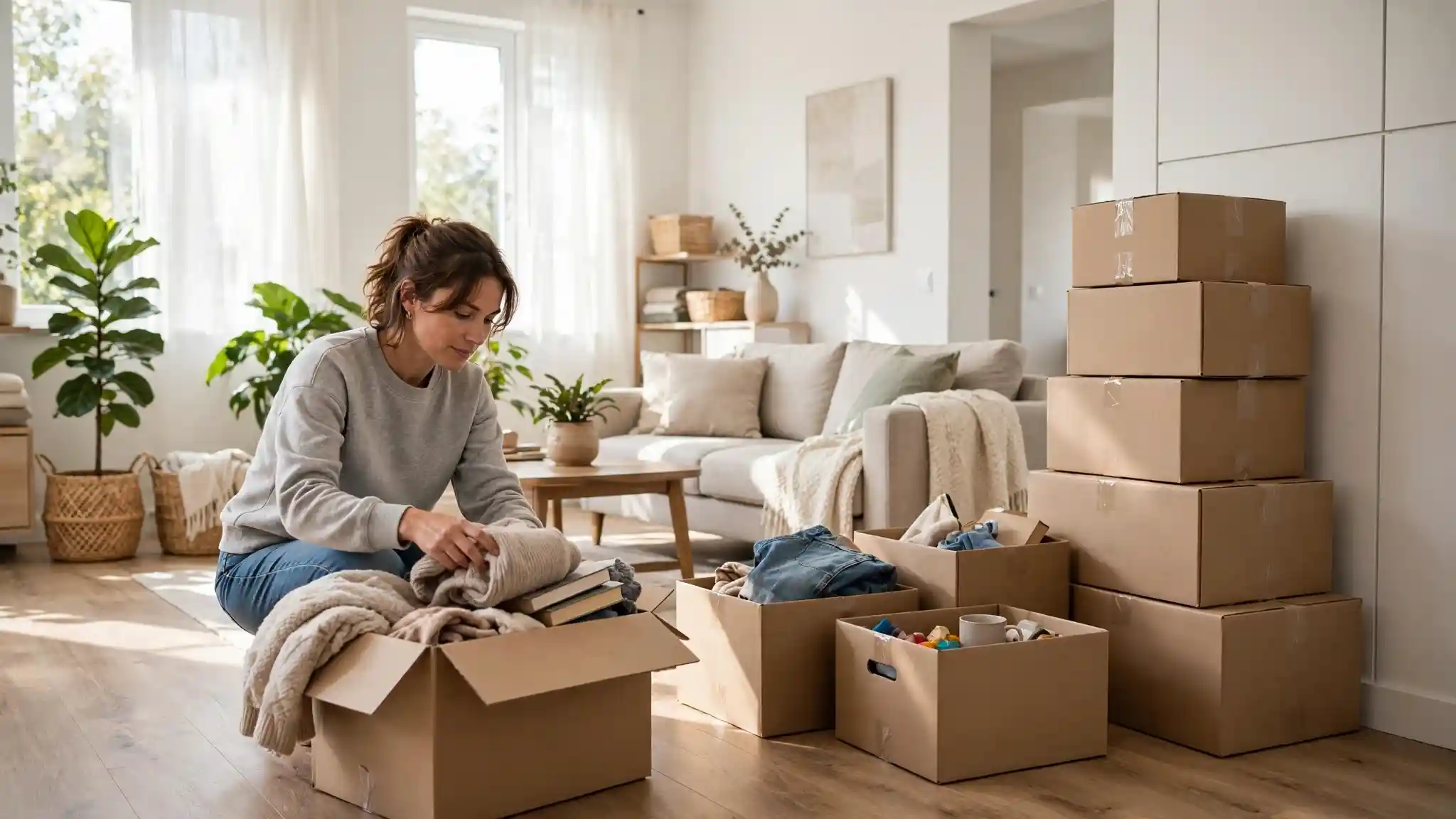 A homeowner sorts belongings into donation and moving boxes in a bright living room with clear walkways.