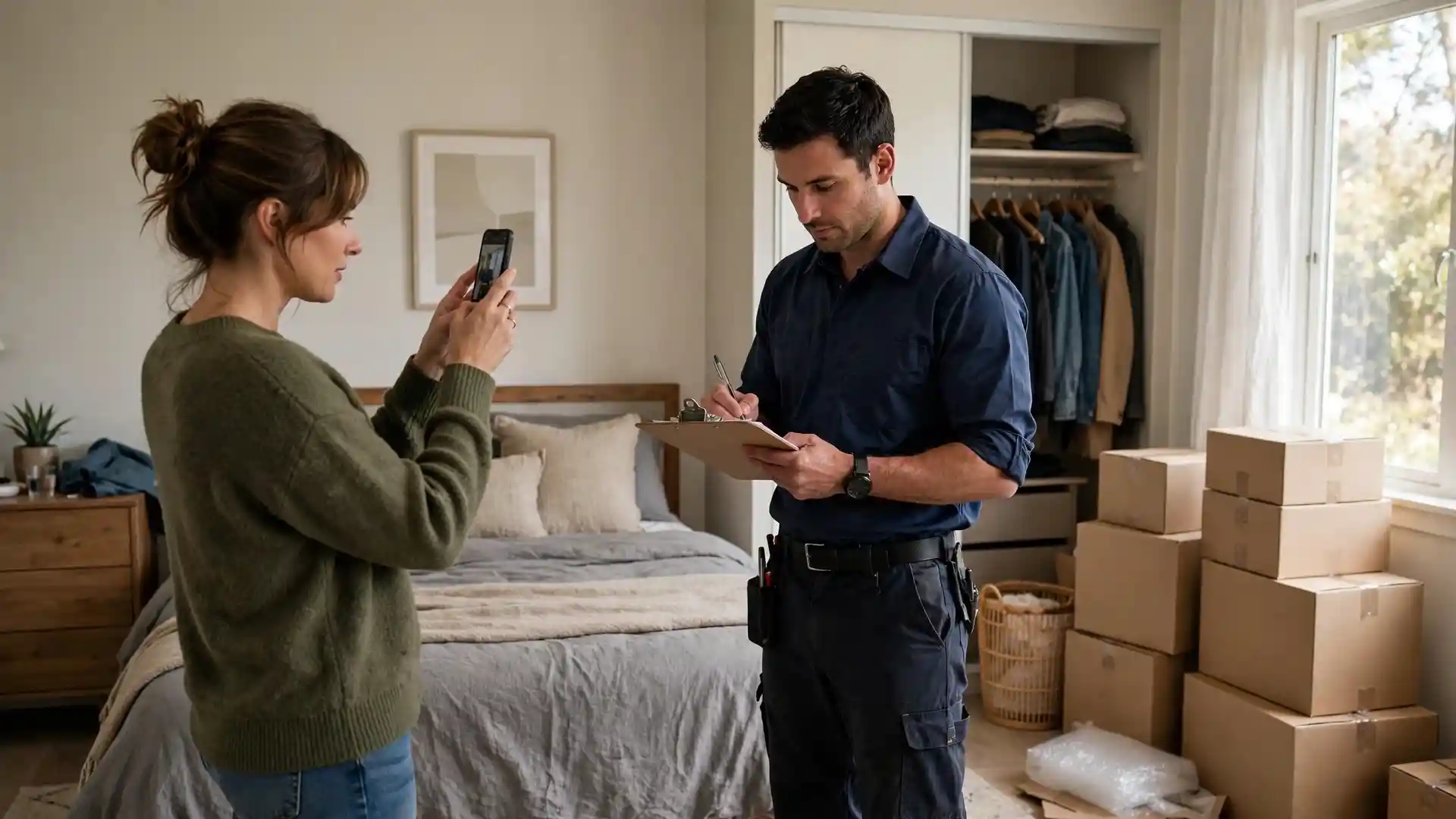 A homeowner photographs a bedroom while a mover records inventory notes during a pre-move walkthrough.