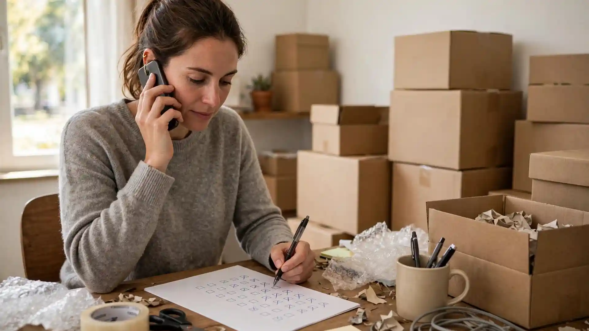 A person on the phone checking off a moving checklist in a half-packed room.