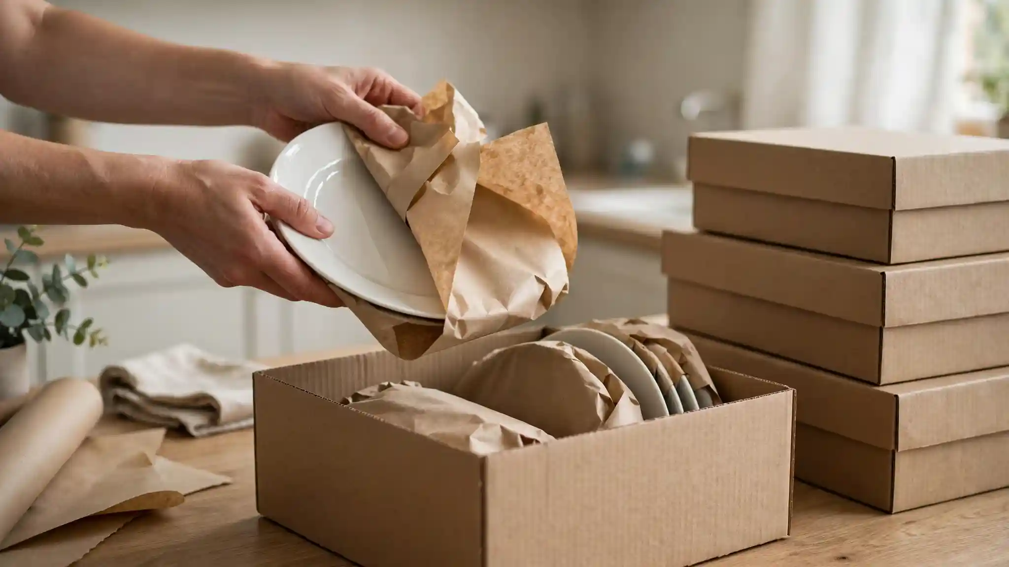 Hands wrapping plates in packing paper in a kitchen during a room-by-room pack.