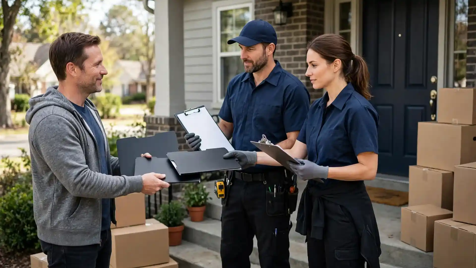 A homeowner hands identical moving inventory folders to two movers with clipboards at the front door of a house