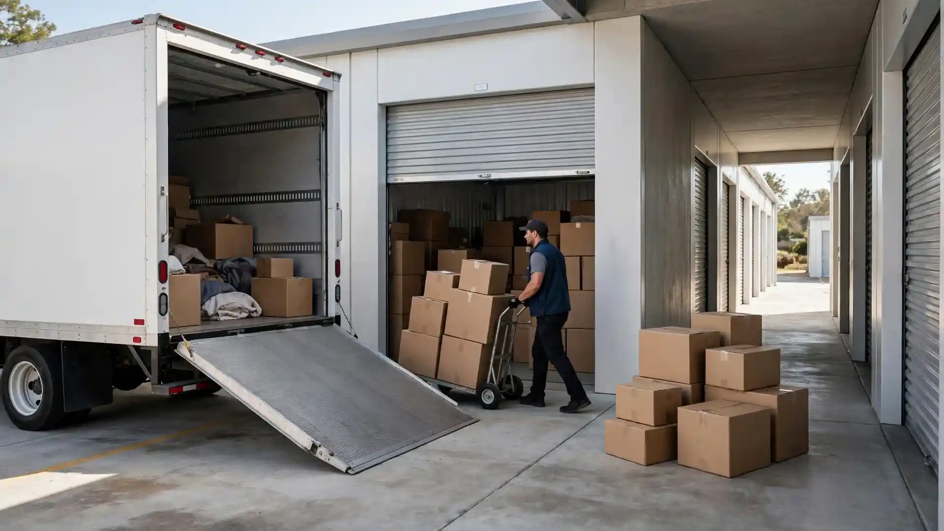 Movers wheel a loaded dolly of boxes into a storage unit while a moving truck waits outside.
